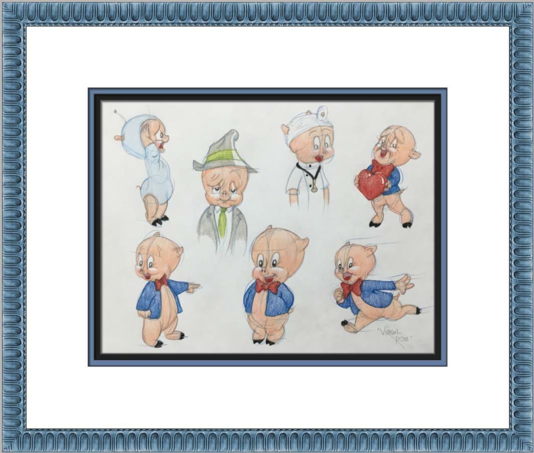 Virgil Ross Signed Porky Pig Model Sheet Custom Framed Artwork: Virgil Ross Signed Porky Pig Model Sheet Custom Framed Artwork This original signed model sheet drawing features the beloved character Porky Pig, illustrated by legendary animator Virgil Ross. Created