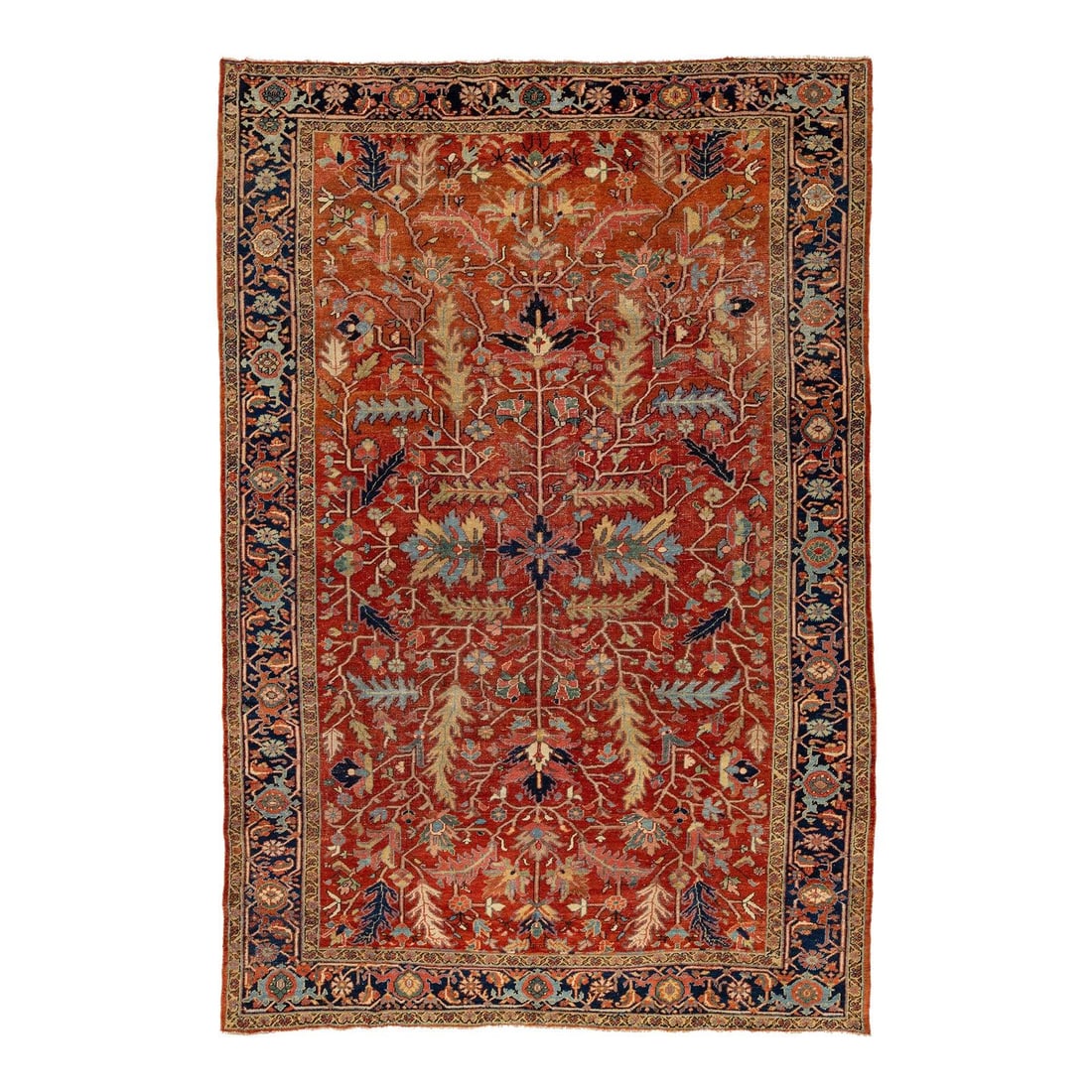 Antique Persian Heriz Wool Rug 8'6 x 12'7 Floral Motif Red: Antique Persian Heriz Wool Rug 8'6 x 12'7 Floral Motif Red Discover the exquisite beauty of this antique hand-knotted Persian Heriz wool rug. Featuring a vibrant floral motif, this rug showcases rich 