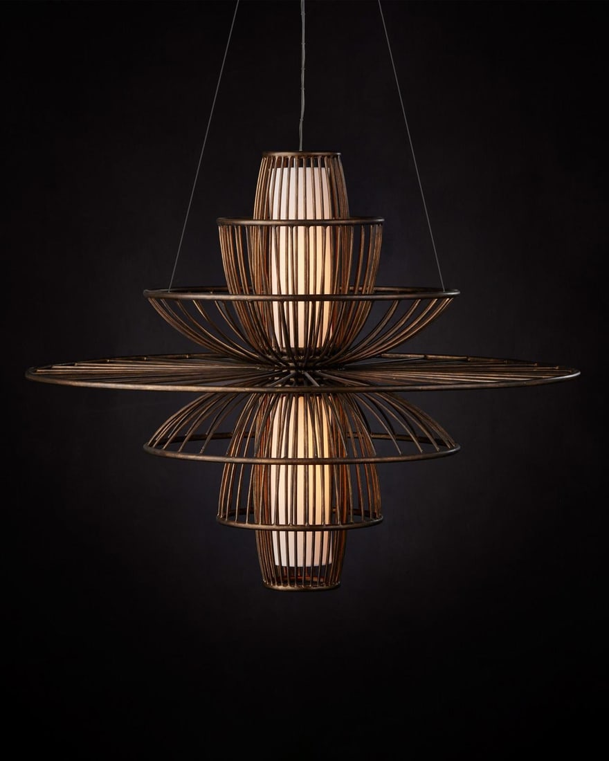 Currey Benjiro Mid-Century Modern Bowl Chandelier Dimmable 33H 42W 42D: Currey Benjiro Mid-Century Modern Bowl Chandelier Dimmable 33H 42W 42D Elevate your space with the Benjiro by Thornton bowl chandelier, a stunning piece that embodies Mid-Century Modern style. This el