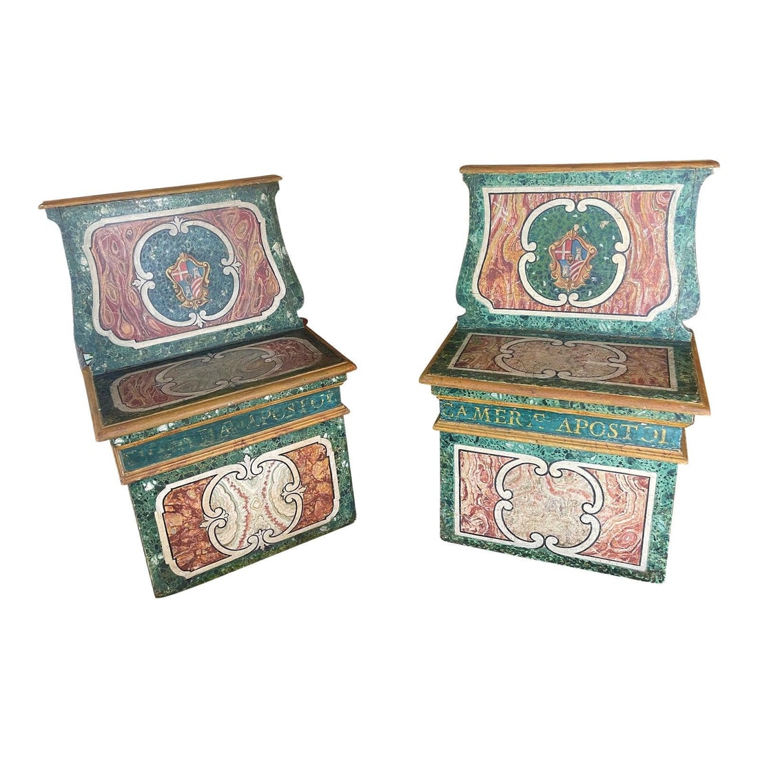 Pair of 19th Century Italian Neoclassical Polychrome Painted Hall Benches (1 of 10)