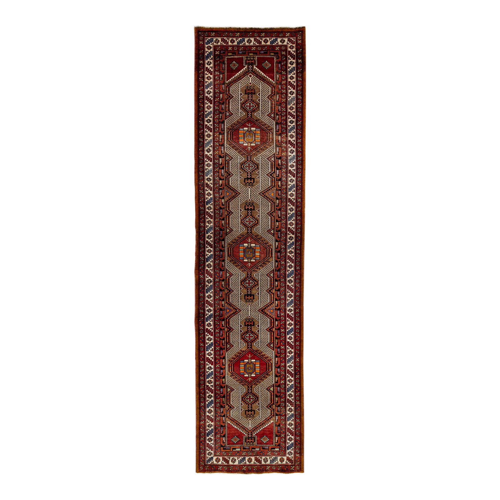 Vintage Persian Hand-Knotted Wool Runner Rug Brown Tribal Design 3'6" X 14'0": Vintage Persian Hand-Knotted Wool Runner Rug Brown Tribal Design 3'6" X 14'0" Transform your space with this exquisite vintage Persian hand-knotted wool runner rug. Featuring a rich brown field adorne