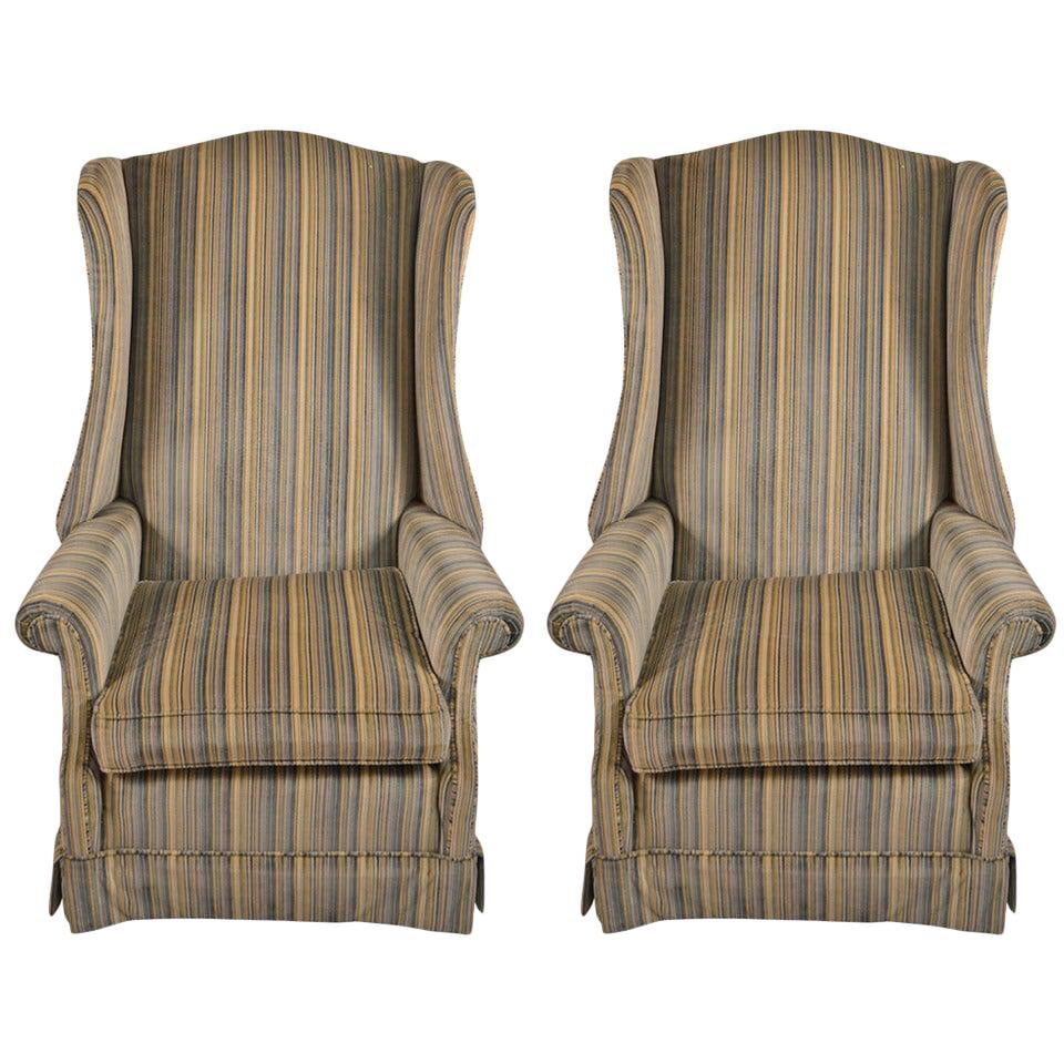 Hollywood Regency Velvet High Back Wing Chairs Gray Striped Upholstery: Hollywood Regency Velvet High Back Wing Chairs Gray Striped Upholstery This pair of Hollywood Regency high back wing chairs features a fun striped velvet upholstery that adds a playful touch to any sp