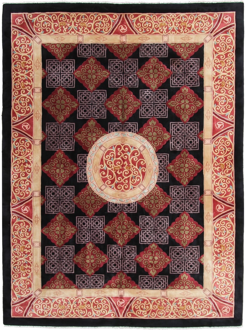 Hand Knotted Black Wool Chinese Art Deco Medallion Rug 9x12: Hand Knotted Black Wool Chinese Art Deco Medallion Rug 9x12 This exceptional vintage Chinese Art Deco rug from the early 20th century features a rich black wool background adorned with repeating red a