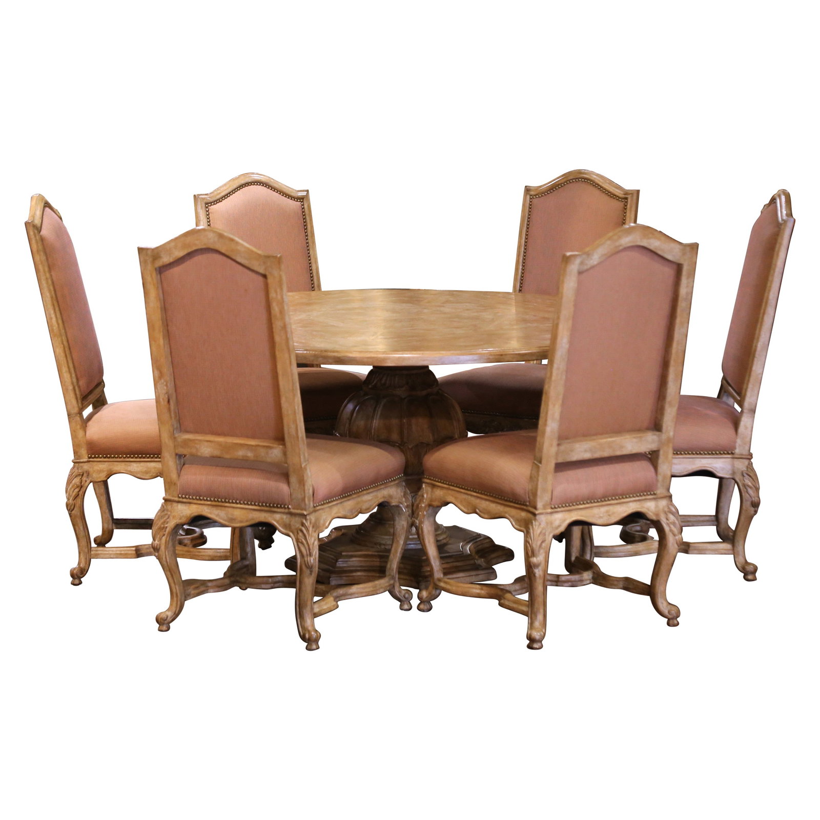 French Louis XV Round Dining Table Set with 6 Upholstered Chairs: French Louis XV Round Dining Table Set with 6 Upholstered Chairs Elevate your dining experience with this exquisite Late 20th Century French Louis XV Round Dining Table accompanied by six beautifully 