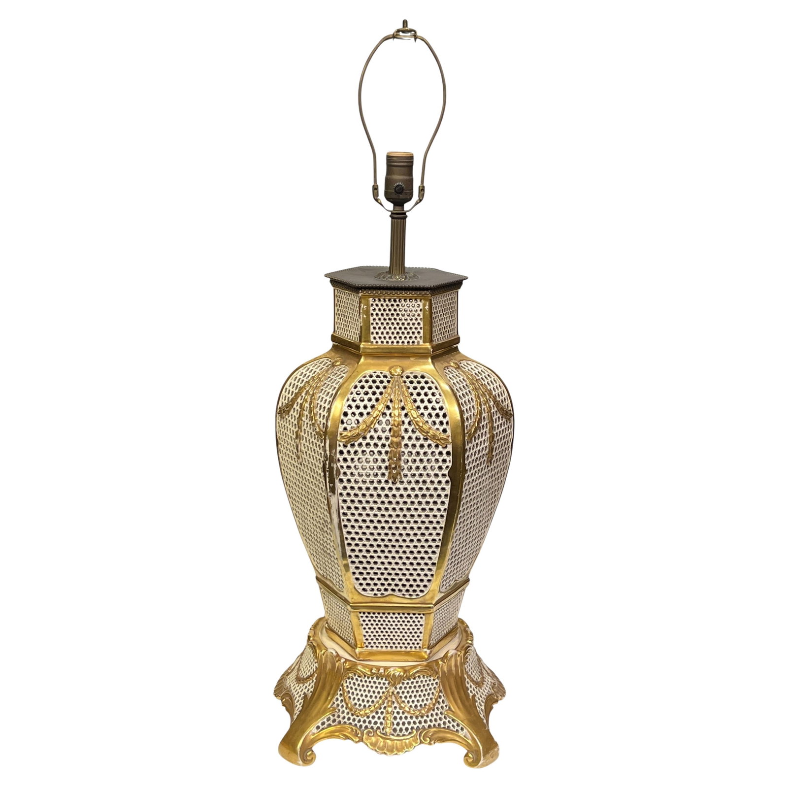 Hungarian Porcelain Gilt Table Lamp With Openwork Vase Design Early 20th Century: Hungarian Porcelain Gilt Table Lamp With Openwork Vase Design Early 20th Century This large antique table lamp by Fischer of Budapest, Hungary, dates to the early 20th century and features a hexagonal