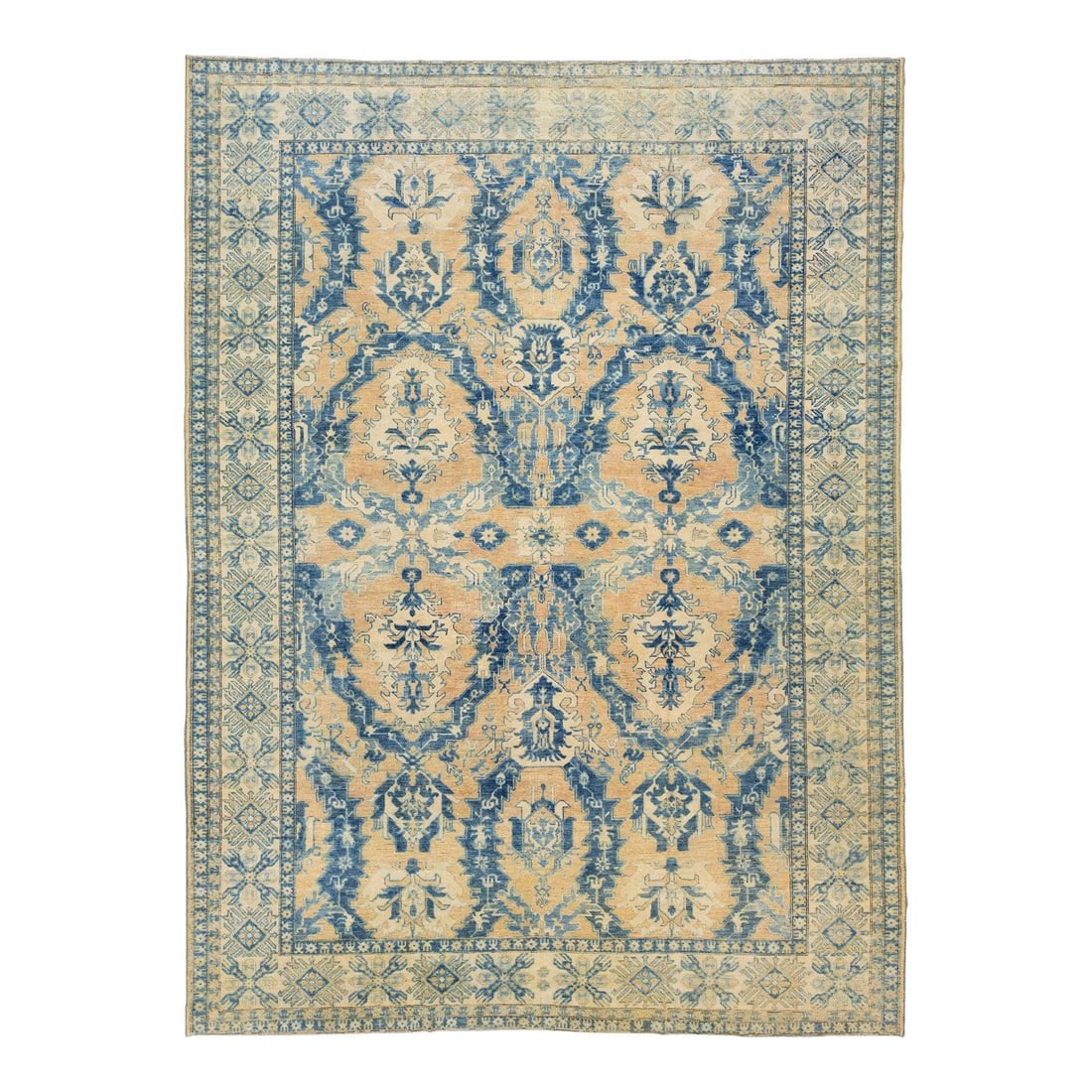 Tan Wool Rug 12'6 x 16'11 Modern Transitional Islamic Floral Design: Tan Wool Rug 12'6 x 16'11 Modern Transitional Islamic Floral Design Elevate your interior with this stunning 13' x 17' modern transitional style wool rug. Crafted from high-quality wool, this pre-owne