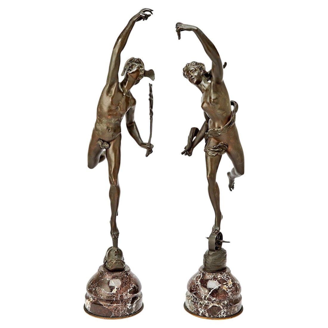 Pair of Patinated Bronze Mercury and Fortuna Statues After Giambologna: Pair of Patinated Bronze Mercury and Fortuna Statues After Giambologna This set features antique patinated bronze sculptures of Mercury and Fortuna, crafted after the original models by Giambologna. E
