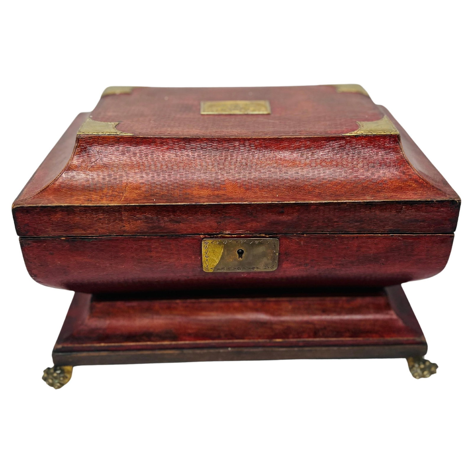 Regency Egyptian Revival Leather Ormolu Box C. 1815 with Snake Handles: Regency Egyptian Revival Leather Ormolu Box C. 1815 with Snake Handles This exquisite Regency-period box, dating back to circa 1815, is a stunning example of Egyptian Revival design. Crafted in France