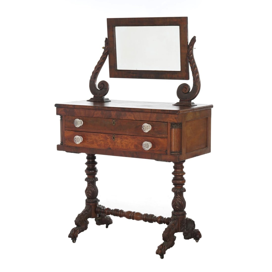 Antique American Empire Carved Mahogany Dressing Table with Mirror C1840: Antique American Empire Carved Mahogany Dressing Table with Mirror C1840 This exquisite Antique American Empire Carved Mahogany Dressing Table, dating back to circa 1840, showcases the elegance of the