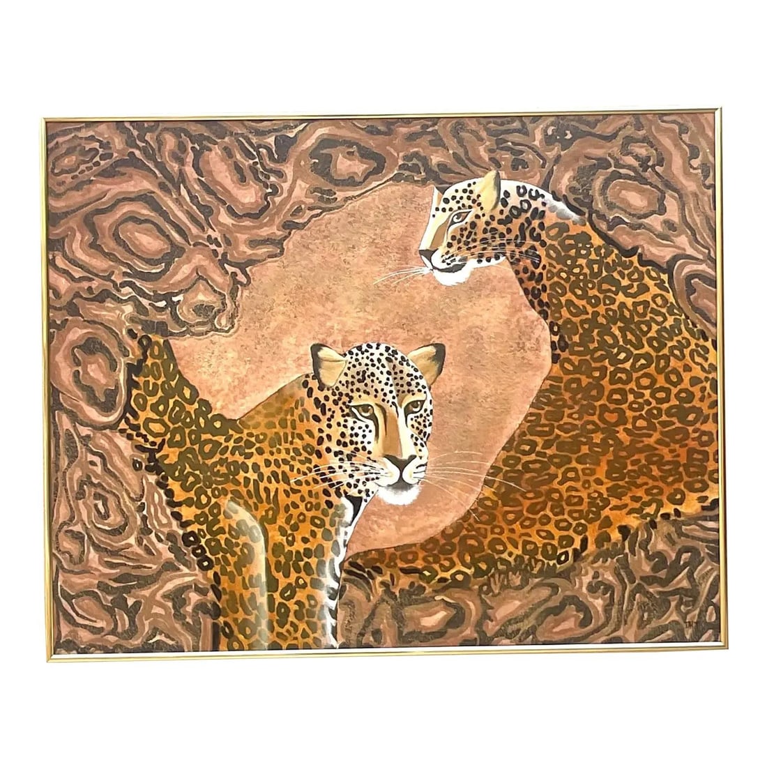 Oil Artwork Featuring Two Cheetahs in Abstract Boho Style on Canvas: Oil Artwork Featuring Two Cheetahs in Abstract Boho Style on Canvas This vintage boho original oil painting on canvas features two cheetahs depicted in their natural habitat, expertly rendered with in