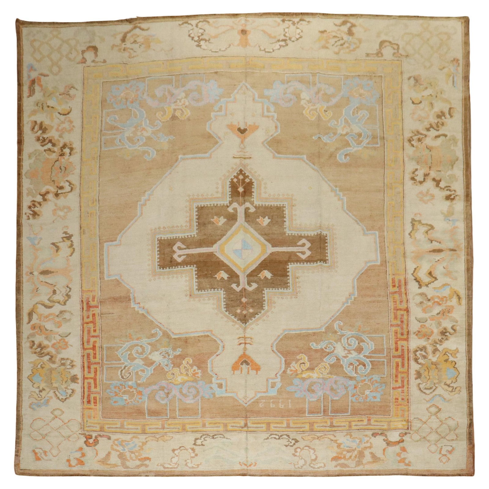 Mid-20th Century Turkish Kars Square 10'6 x 11'9 Hand-Knotted Wool Rug: Mid-20th Century Turkish Kars Square 10'6 x 11'9 Hand-Knotted Wool Rug This exquisite Turkish Kars rug from the mid-20th century features a striking archaistic style and is hand-knotted from