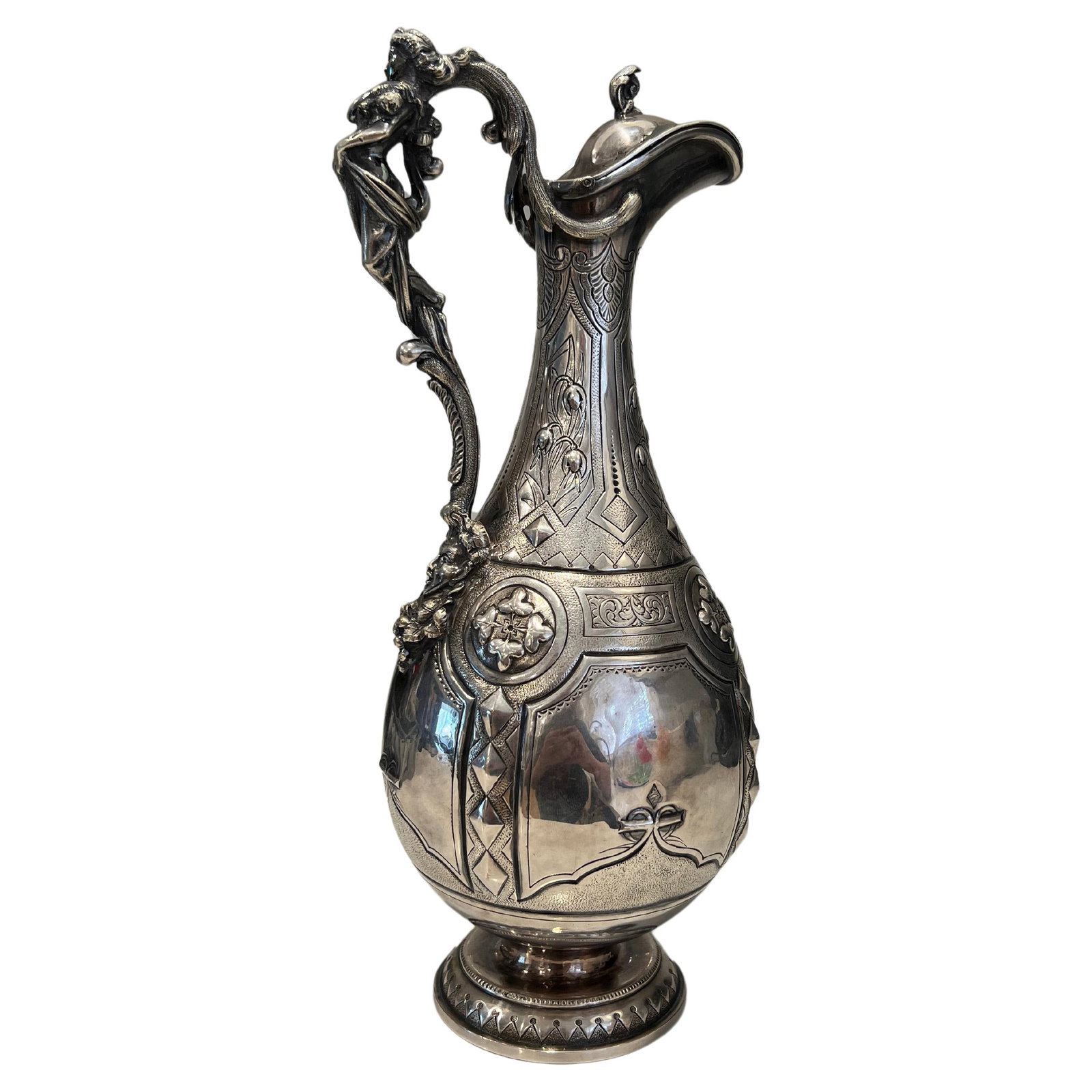 Antique American Coin Silver Ewer Balmain Regatta Gardiner Cup 1875: Antique American Coin Silver Ewer Balmain Regatta Gardiner Cup 1875 This exquisite American Coin Silver Ewer, crafted circa 1875, showcases a stunning blend of artistry and craftsmanship. Standing at 