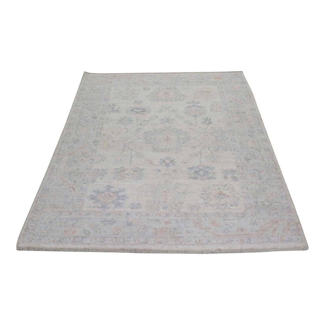 4'x5'8" Wool Area Rug Hand Knotted Oushak Design Turkish: 4'x5'8" Wool Area Rug Hand Knotted Oushak Design Turkish This Turkish Oushak rug is hand-knotted from wool, showcasing traditional craftsmanship with a modern design sensibility. Its greige color and 