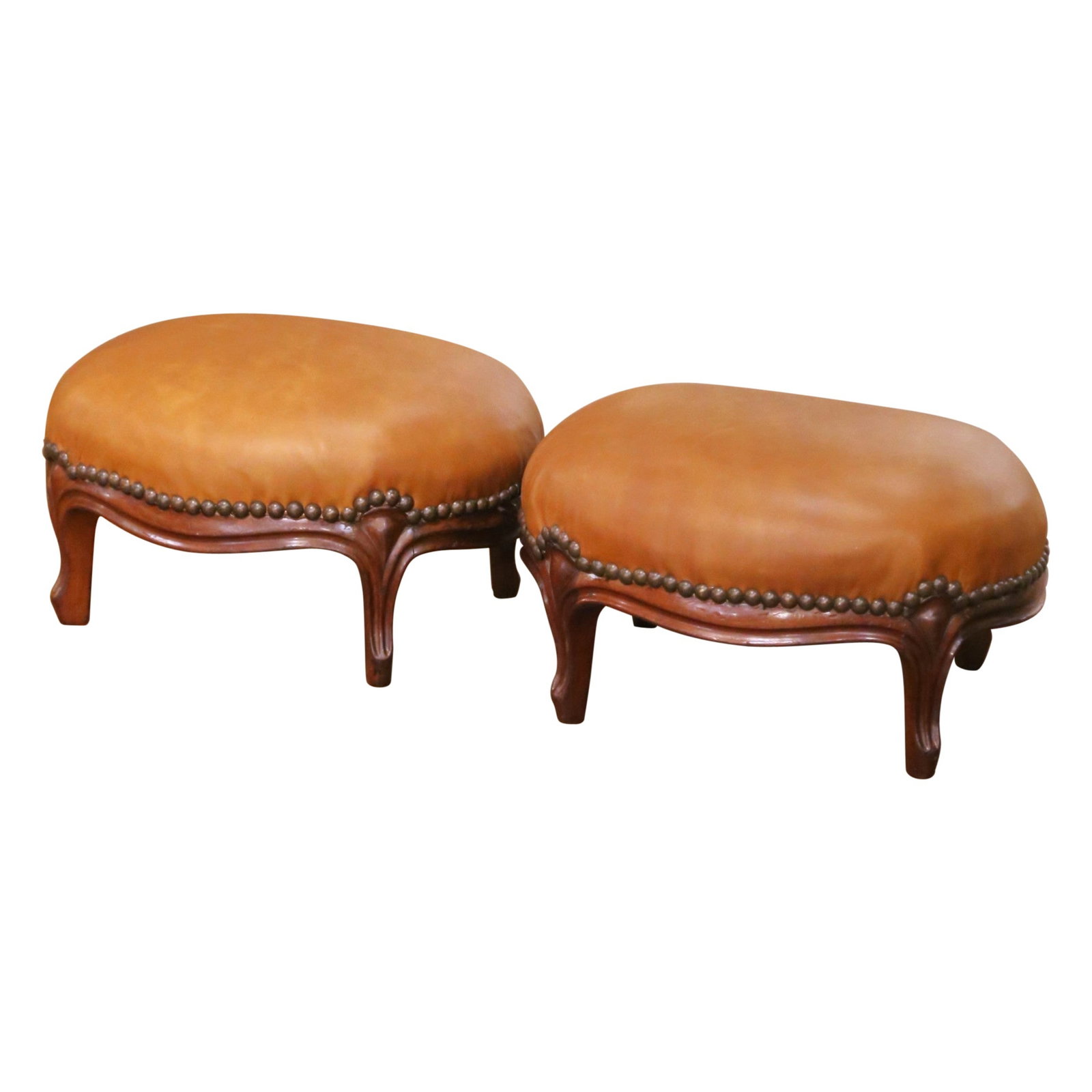 Set of 2 Antique French Mahogany and Leather Louis XV Style Footstools Circa 1880: Set of 2 Antique French Mahogany and Leather Louis XV Style Footstools Circa 1880 This elegant pair of late 19th-century French Louis XV footstools features hand-carved mahogany frames with gracefully