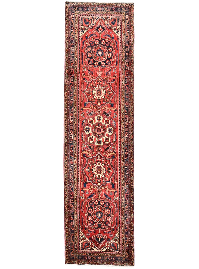 Hand Knotted Wool Vintage Floral Runner 3'6 x 11'9: Hand Knotted Wool Vintage Floral Runner 3'6 x 11'9 This vintage hand-knotted oriental runner rug features a traditional floral and geometric design in a palette of red, plum, cream, navy, pale pink, b