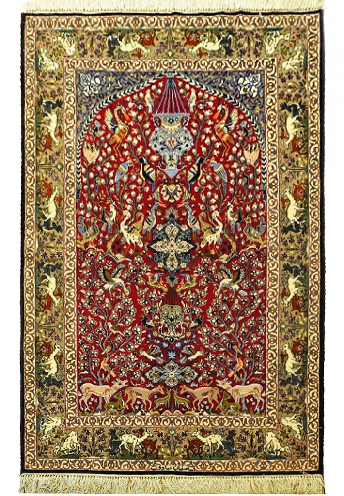 Persian Esfahan Prayer Rug 3.7 x 6.0 ft Hand Knotted Animal Motif: Persian Esfahan Prayer Rug 3.7 x 6.0 ft Hand Knotted Animal Motif Free continental US Shipping This 3.7 x 6.0 ft fine Persian Esfahan prayer rug is a rare example of traditional craftsmanship, featuri