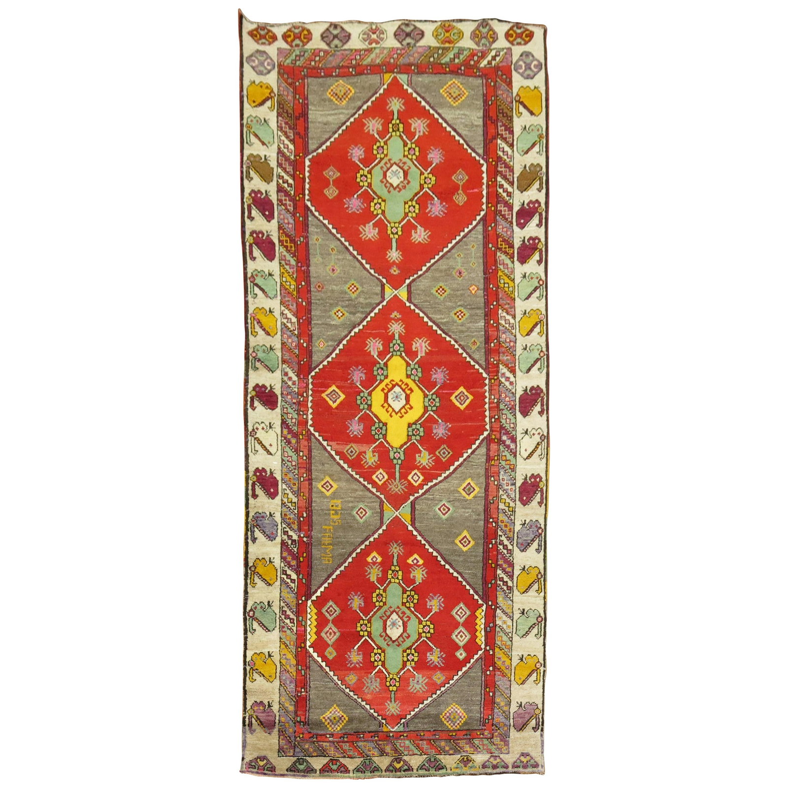 Colorful Turkish Anatolian Wool Runner Signed Mid-20th Century 4'4 x 10'8: Colorful Turkish Anatolian Wool Runner Signed Mid-20th Century 4'4 x 10'8 Introducing the Zabihi Collection Colorful Turkish Anatolian Wide Runner, a stunning piece that adds a vibrant touch to any sp