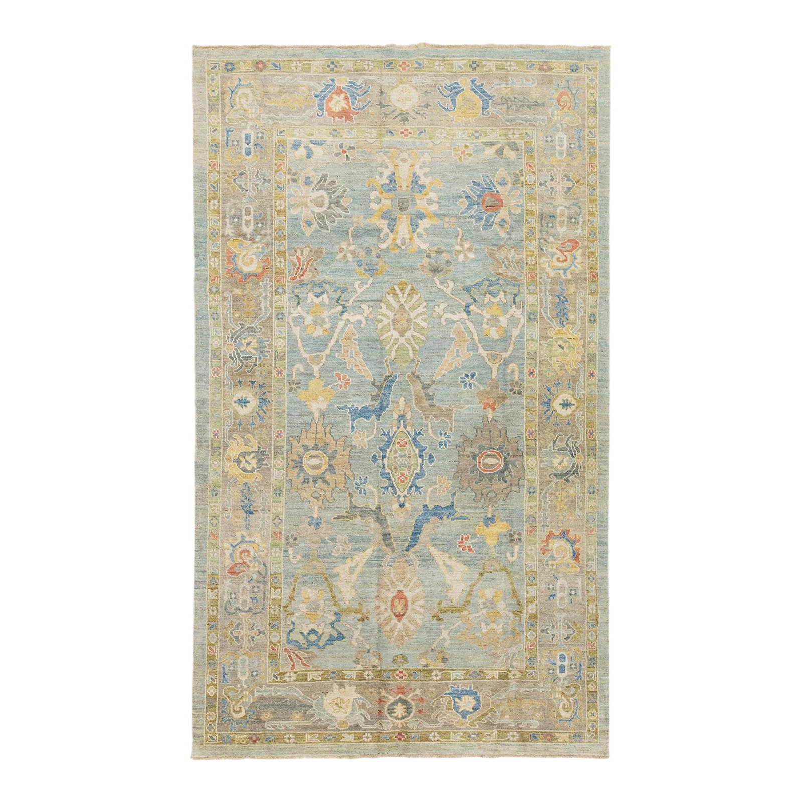 Contemporary Sultanabad 6'4 x 10'10 Blue Wool Rug: Contemporary Sultanabad 6'4 x 10'10 Blue Wool Rug Enhance your living space with this stunning hand-knotted wool rug. Featuring a serene light blue background and a light brown border, it showcases an
