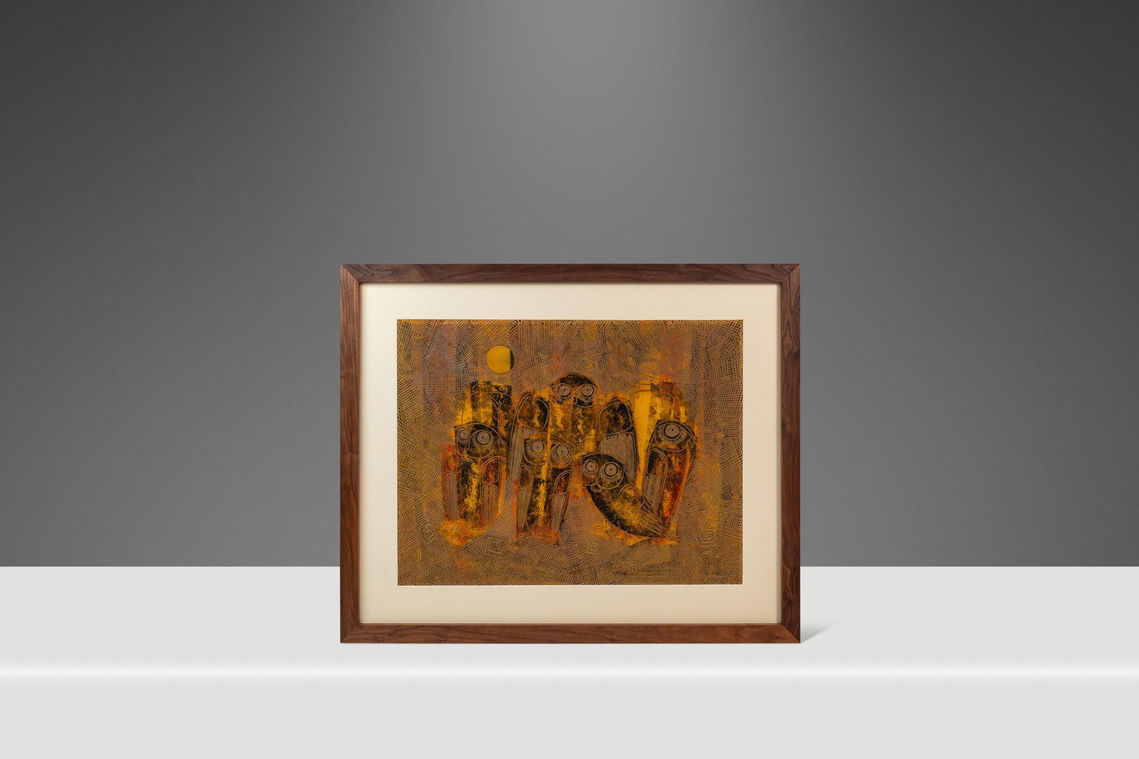 Rare 1960s Sukhya Earth Toned Owl Painting in Walnut Frame: Rare 1960s Sukhya Earth Toned Owl Painting in Walnut Frame This rare mid-century modern painting captures a captivating parliament of owls, beautifully rendered in warm earthy tones of orange, gold, a