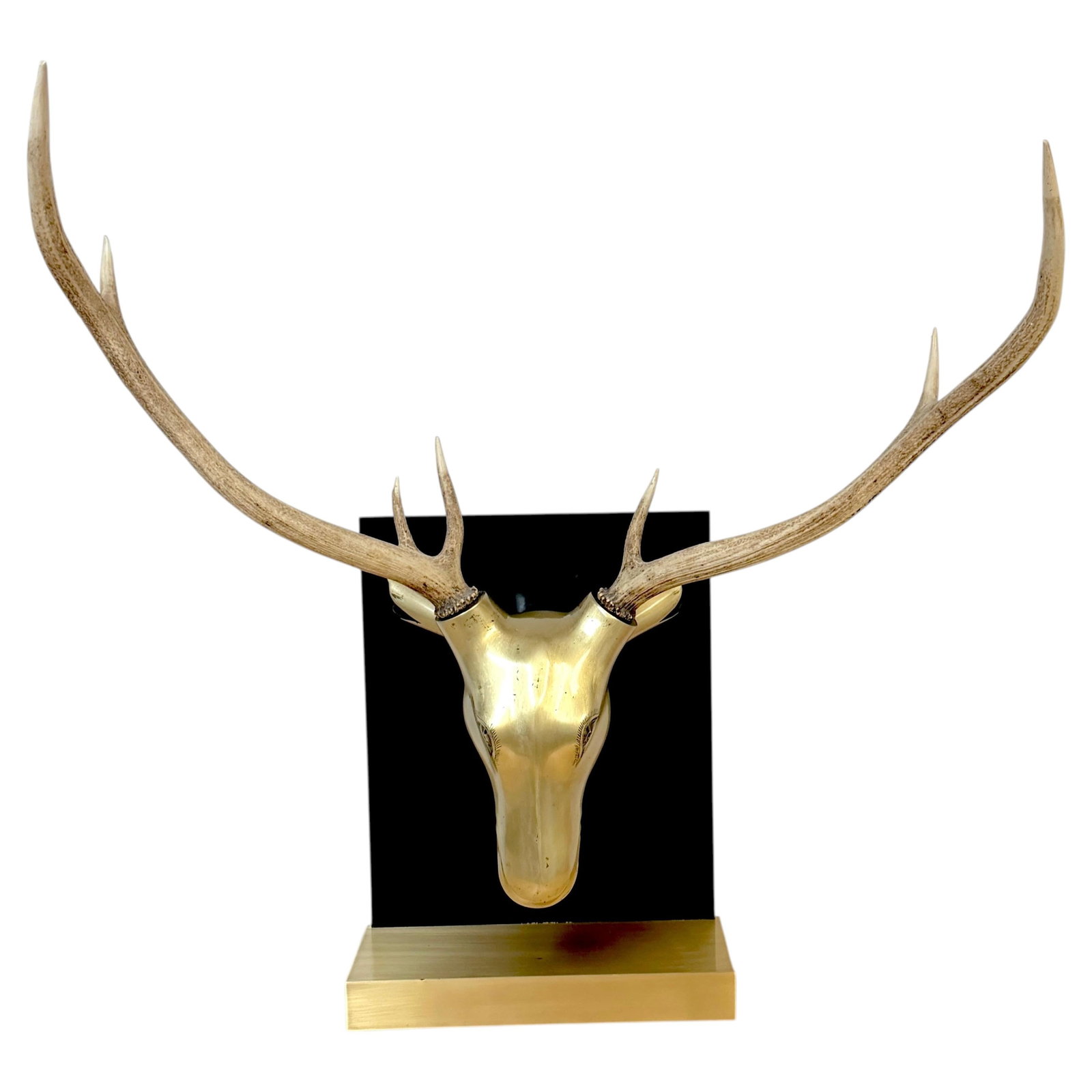 Sarreid Brass Deer Mount with Removable Antlers Spain 1970s: Sarreid Brass Deer Mount with Removable Antlers Spain 1970s This monumental Sarreid brass deer mount from Spain, crafted in the 1970s, features a striking combination of polished brass and natural sta