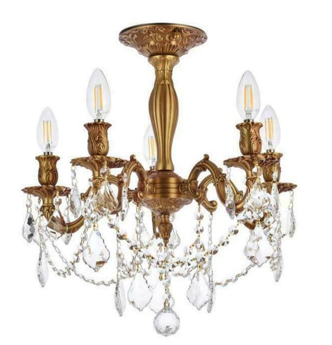 Rosalia 5-Light French Gold Crystal Flush Mount Chandelier: Rosalia 5-Light French Gold Crystal Flush Mount Chandelier This semi flush mount chandelier from the Rosalia Collection features a French gold finish with clear Royal Cut crystals. Designed for indoor