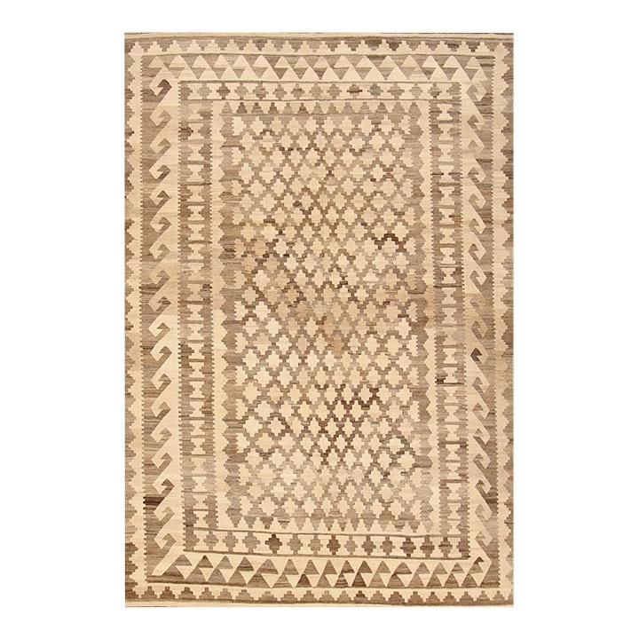 Handmade Beige Geometric Wool Kilim Rug 6'6 x 9'7: Handmade Beige Geometric Wool Kilim Rug 6'6 x 9'7 Enhance your space with this beautiful Modern Kilim Hand-knotted Wool Rug featuring a serene beige field complemented by brown accents in a striking a