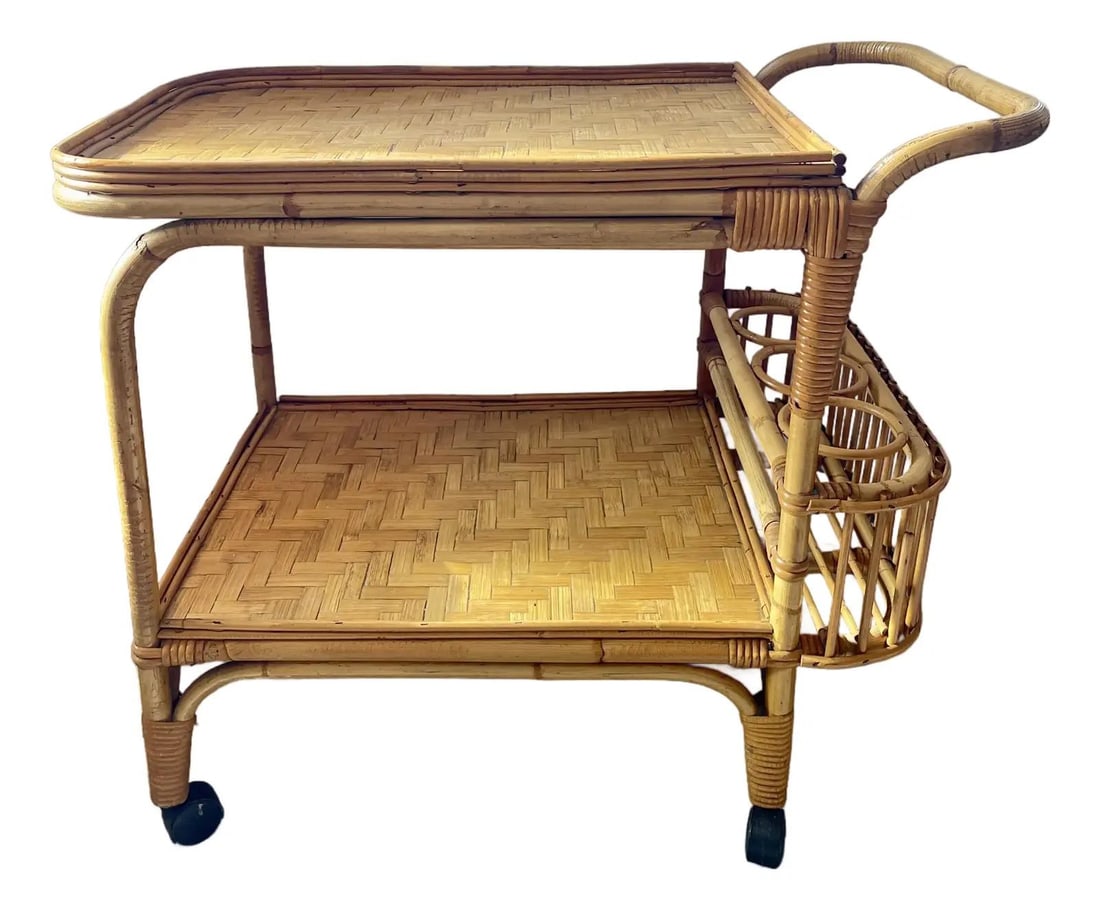 Mid-Century Bamboo Bar Cart with Woven Rattan Shelves French Riviera 1960s (1 of 10)