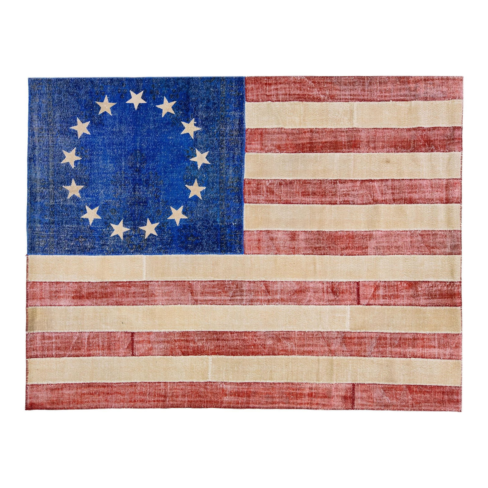 Mid-Century American Flag Patchwork Wool Rug 9'3 x 12'0: Mid-Century American Flag Patchwork Wool Rug 9'3 x 12'0 Embrace a touch of Americana with this stunning Mid-Century Vintage American Flag Patchwork Wool Rug. Showcasing the classic Stars and Stripes d