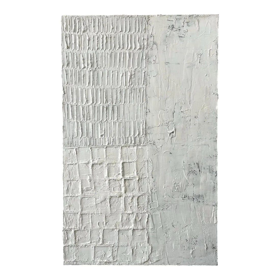 Monochromatic Boho Relief Painting on Canvas 30 x 38: Monochromatic Boho Relief Painting on Canvas 30 x 38 This vintage Boho abstract painting features a striking monochromatic relief design crafted from layered white impasto. The artwork is divided into