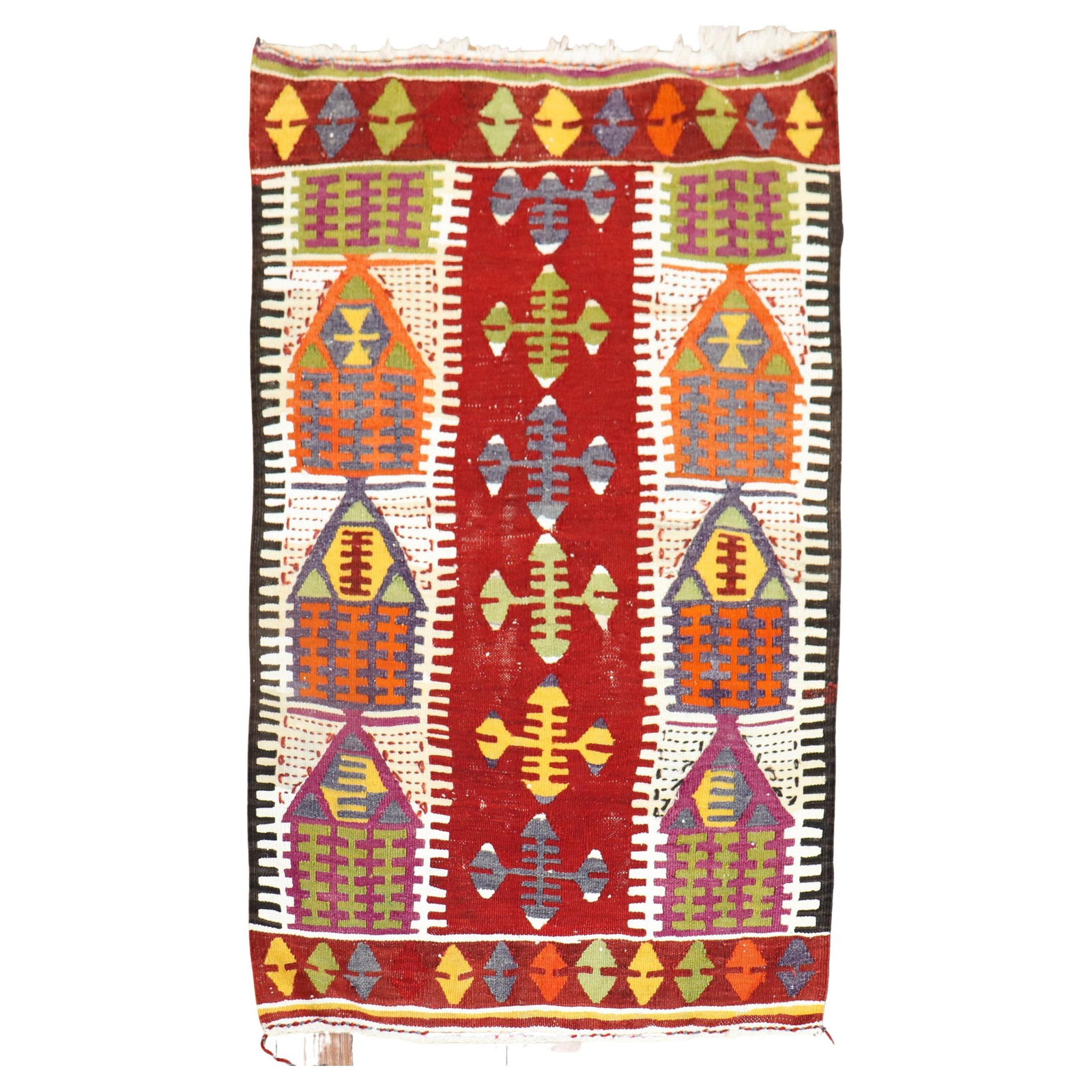 Mid-20th Century Hand-Knotted Turkish Kilim Rug with Prayer Motif: Mid-20th Century Hand-Knotted Turkish Kilim Rug with Prayer Motif This stunning mid-20th century Turkish Kilim features a directional prayer motif in vibrant colors that adds a unique charm to any spa