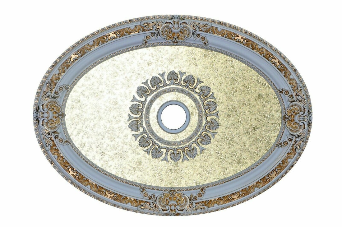 Artistry Oval Ceiling Medallion Gold Flowers 43 inch: Artistry Oval Ceiling Medallion Gold Flowers 43 inch This 43-inch oval ceiling medallion features an elegant gold floral design, crafted from specially formulated fiberglass resin for durability and l