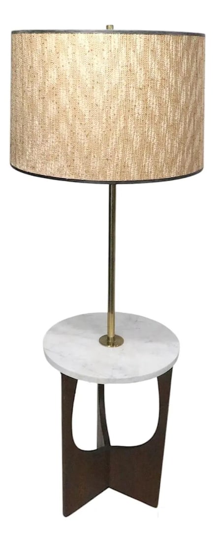 Mid Century Adrian Pearsall Style Combination Floor Lamp Table Marble Walnut Brass: Mid Century Adrian Pearsall Style Combination Floor Lamp Table Marble Walnut Brass This stunning Mid Century combination floor lamp and side table, attributed to Adrian Pearsall, features a round marb