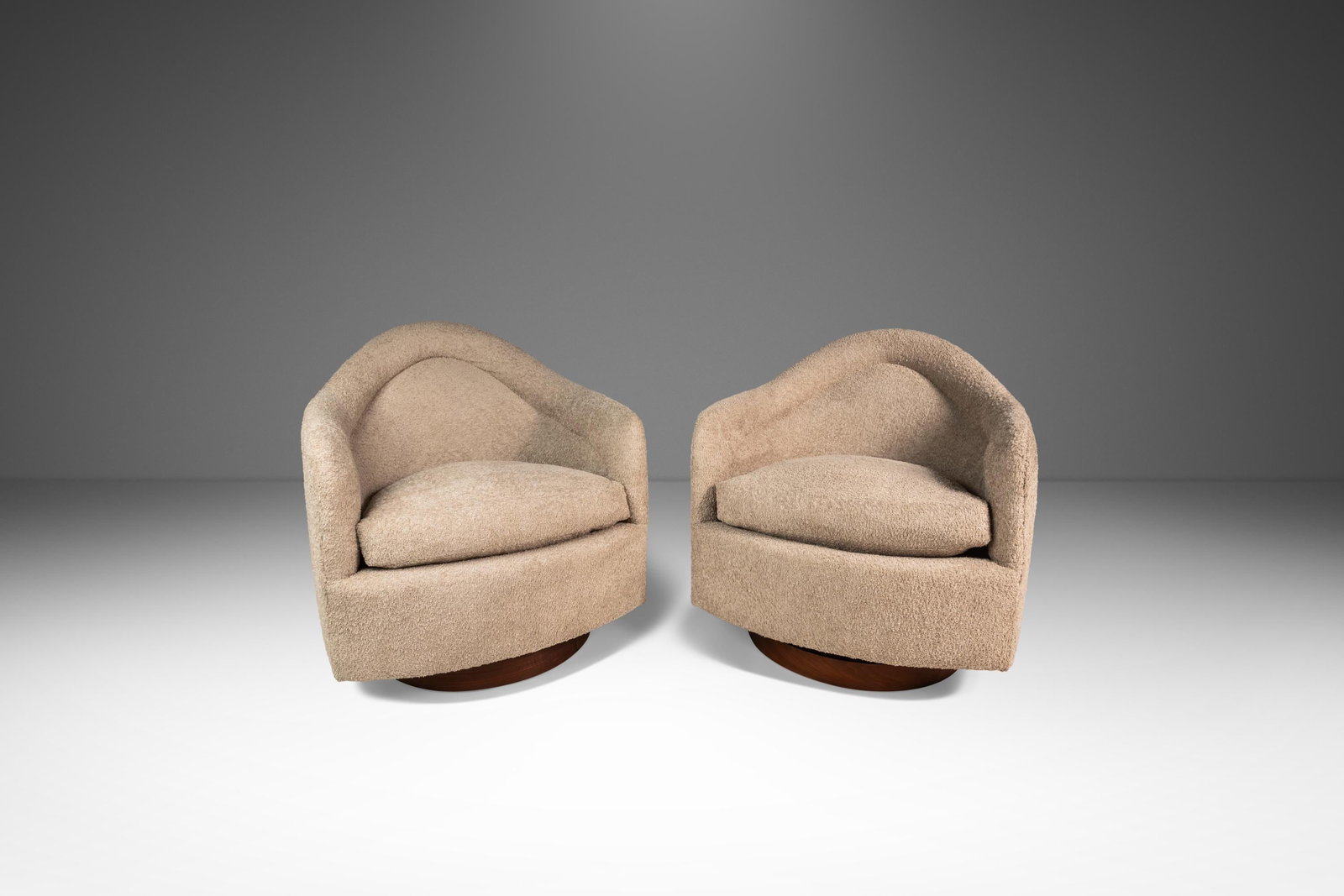 Rare Set of 2 Adrian Pearsall Swivel Tub Chairs in Sand Boucle, 1960s: Rare Set of 2 Adrian Pearsall Swivel Tub Chairs in Sand Boucle, 1960s This set of two Mid-Century Modern Swivel Tub Chairs, designed by Adrian Pearsall for Craft Associates, showcases a stunning sand 