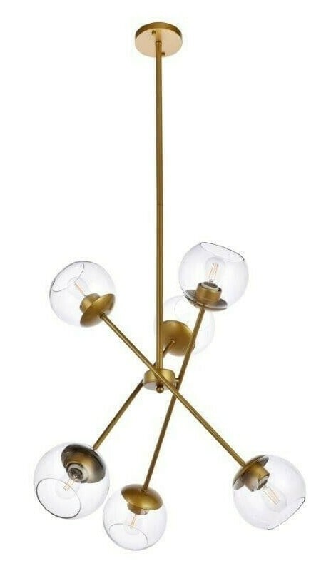 Brass Sputnik Glass Shade 6 Light Chandelier Axl 24 in: Brass Sputnik Glass Shade 6 Light Chandelier Axl 24 in This modern Sputnik-style chandelier features a brass-colored metal and steel frame with six clear glass round shades. Designed for versatility, 