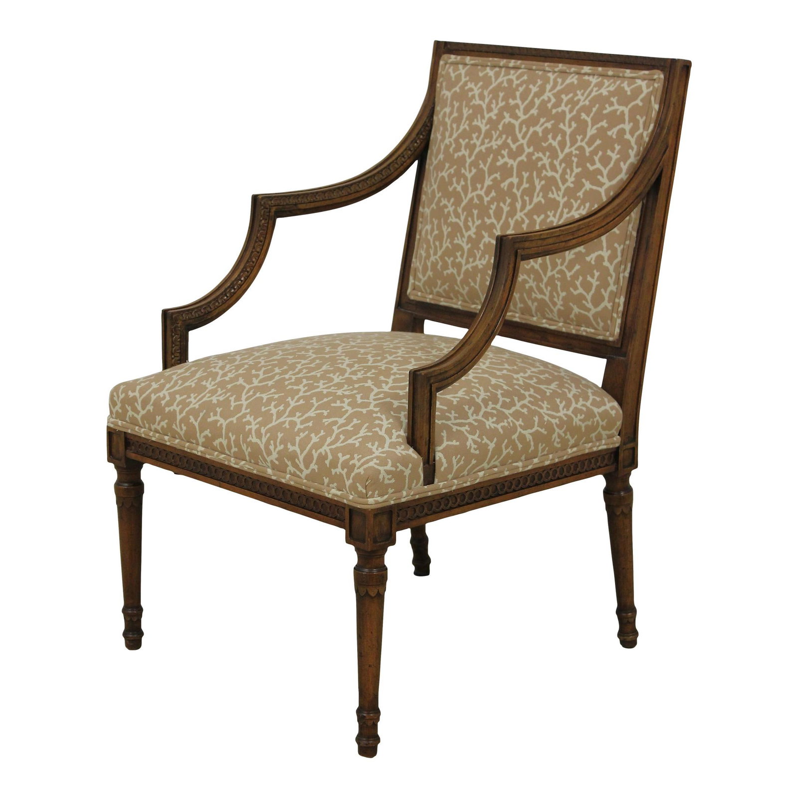 Vintage French Louis XVI Open Armchair with Fine Carvings: Vintage French Louis XVI Open Armchair with Fine Carvings This exquisite Vintage French Louis XVI Style Carved Open Armchair is a stunning addition to any home. With an age of approximately 60 years, 
