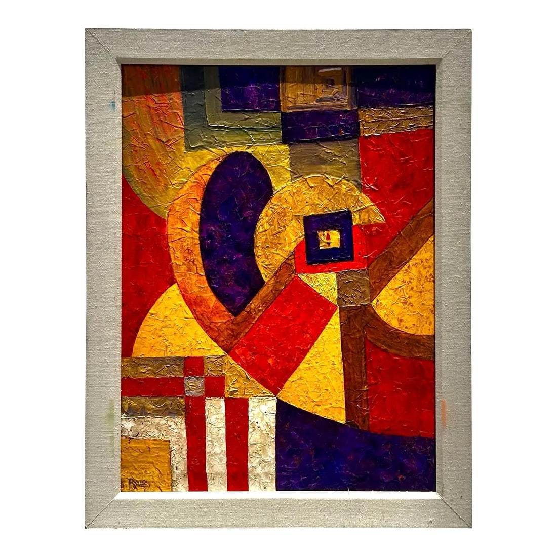 Signed Vintage Geometric Abstract Canvas Oil Artwork in White Frame (1 of 7)