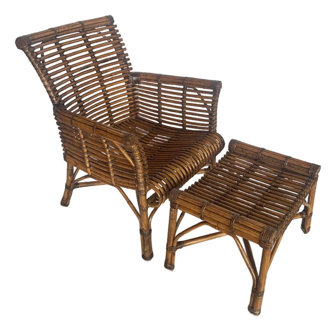 Vintage Rare Scrolled Rattan High Back Chair and Ottoman Set (1 of 10)