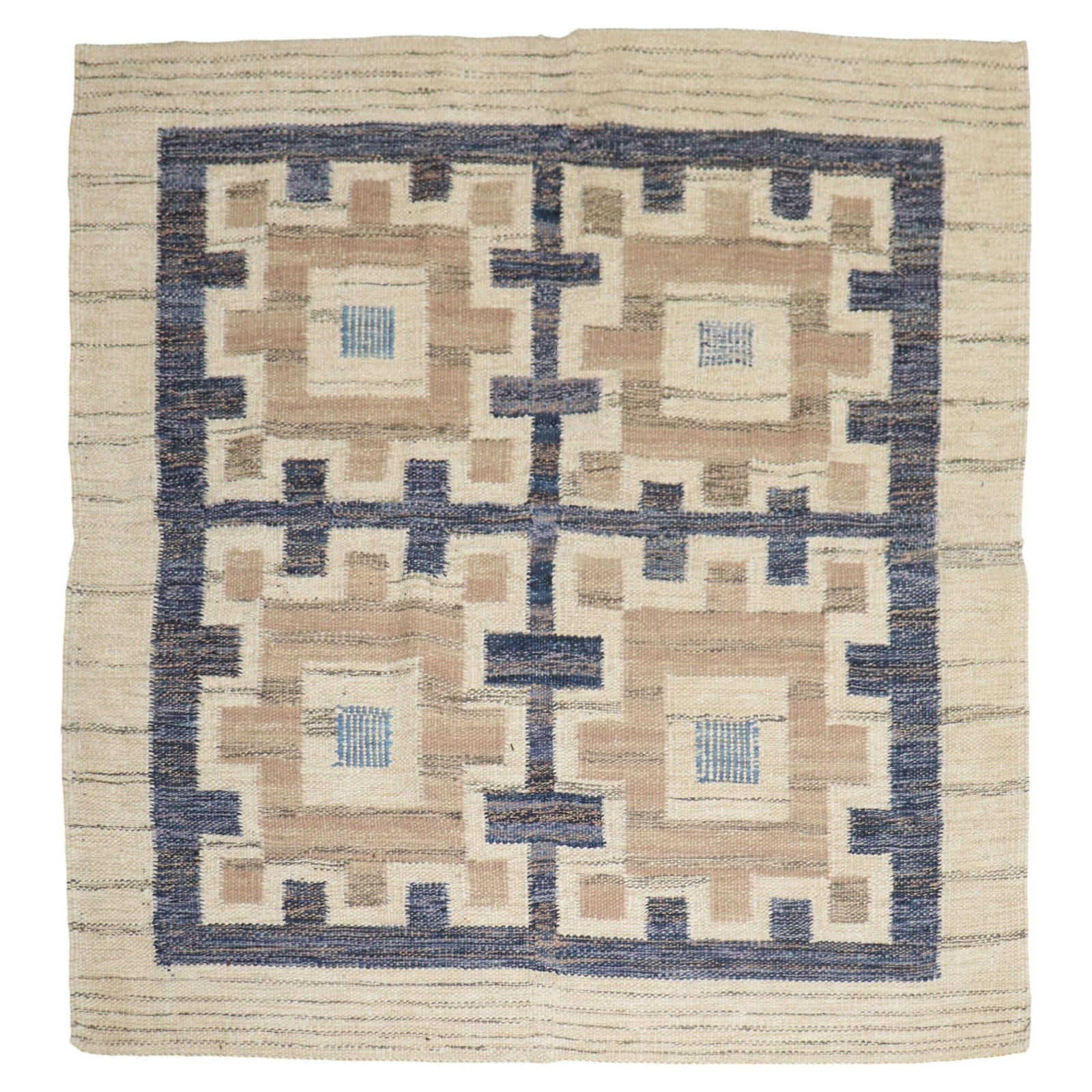 Mid Century Scandinavian Wool Hand Knotted Square Kilim: Mid Century Scandinavian Wool Hand Knotted Square Kilim This is a mid-20th century Scandinavian Modern square kilim, hand-knotted from wool. Featuring an abstract design, the rug measures