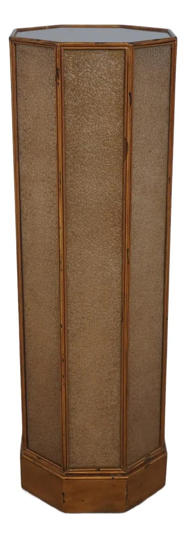 Theodore Alexander Gold Regency Pedestal Stand with Glass Surfaces: Theodore Alexander Gold Regency Pedestal Stand with Glass Surfaces This exquisite Regency Style Gold Pedestal Stand from Theodore Alexander showcases a charming factory-distressed finish and a