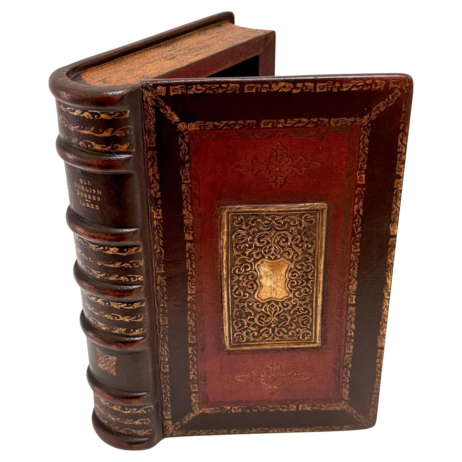 Neoclassical Faux Book Box 'Old English Homes' in Gilt Leather and Bronze: Neoclassical Faux Book Box 'Old English Homes' in Gilt Leather and Bronze Introducing a stunning faux book or tome table box titled 'Old English Homes,' an exceptional piece of decorative art that com