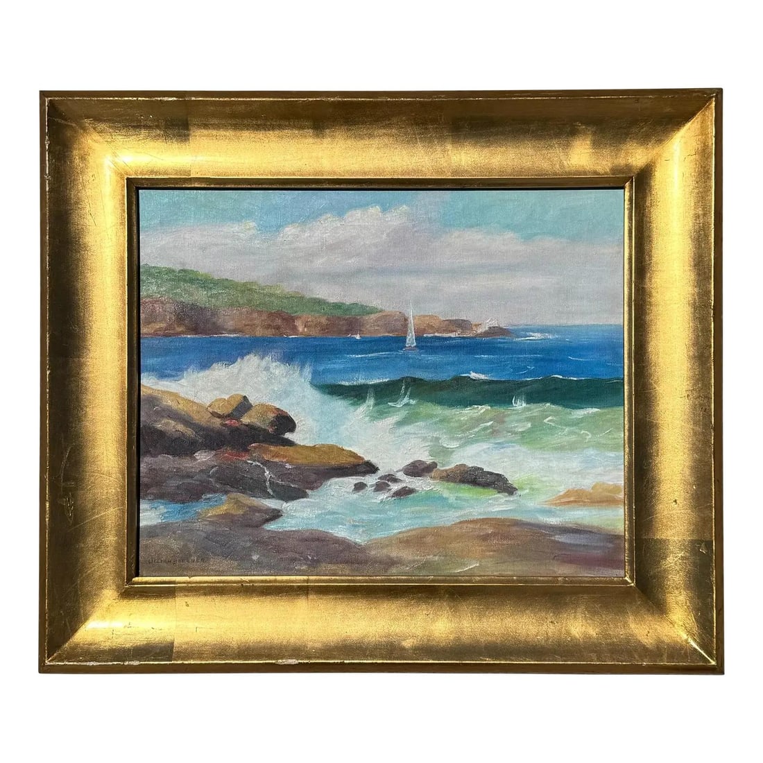 Lillian Boerner Coastal Oil Painting on Canvas Signed in Ornate Frame: Lillian Boerner Coastal Oil Painting on Canvas Signed in Ornate Frame This vintage boho seascape is an oil painting on canvas, signed by the artist Lillian Boerner. The artwork depicts a vibrant coast
