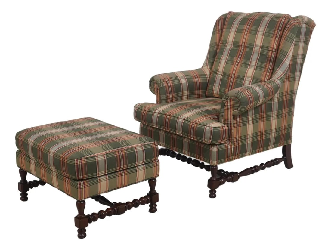 Plaid Wingback Chair with Ottoman in Country French Style Upholstery (1 of 10)