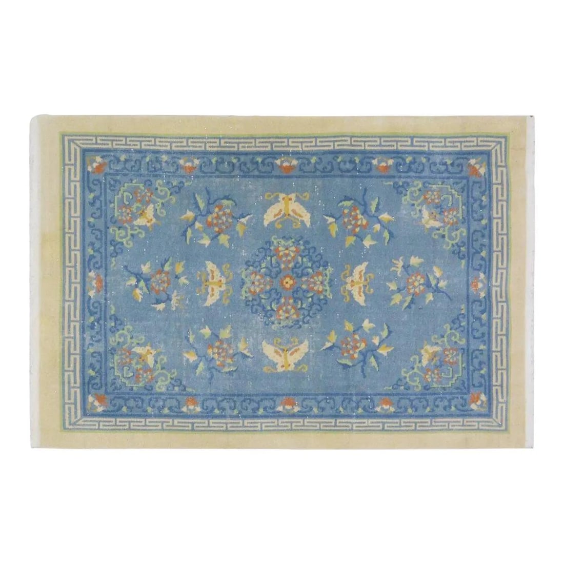 Hand-Knotted Wool Cerulean Chinese Art Deco Rug 4'x5'10": Hand-Knotted Wool Cerulean Chinese Art Deco Rug 4'x5'10" This vintage Chinese Art Deco rug is hand-knotted from wool using traditional techniques. Featuring a cerulean color and a soft, textured surfa