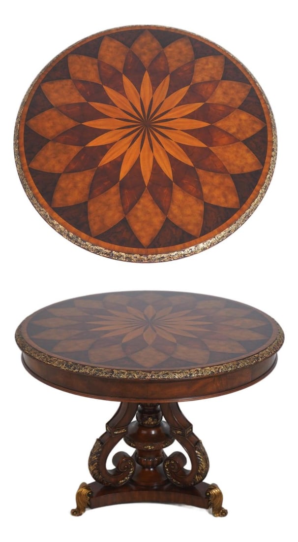 Round Center Table with Parquetry Inlaid Top and Bronze Feet: Round Center Table with Parquetry Inlaid Top and Bronze Feet This round center table features a parquetry inlaid top crafted from burl walnut, mahogany, and satinwood veneers. The table showcases a ca