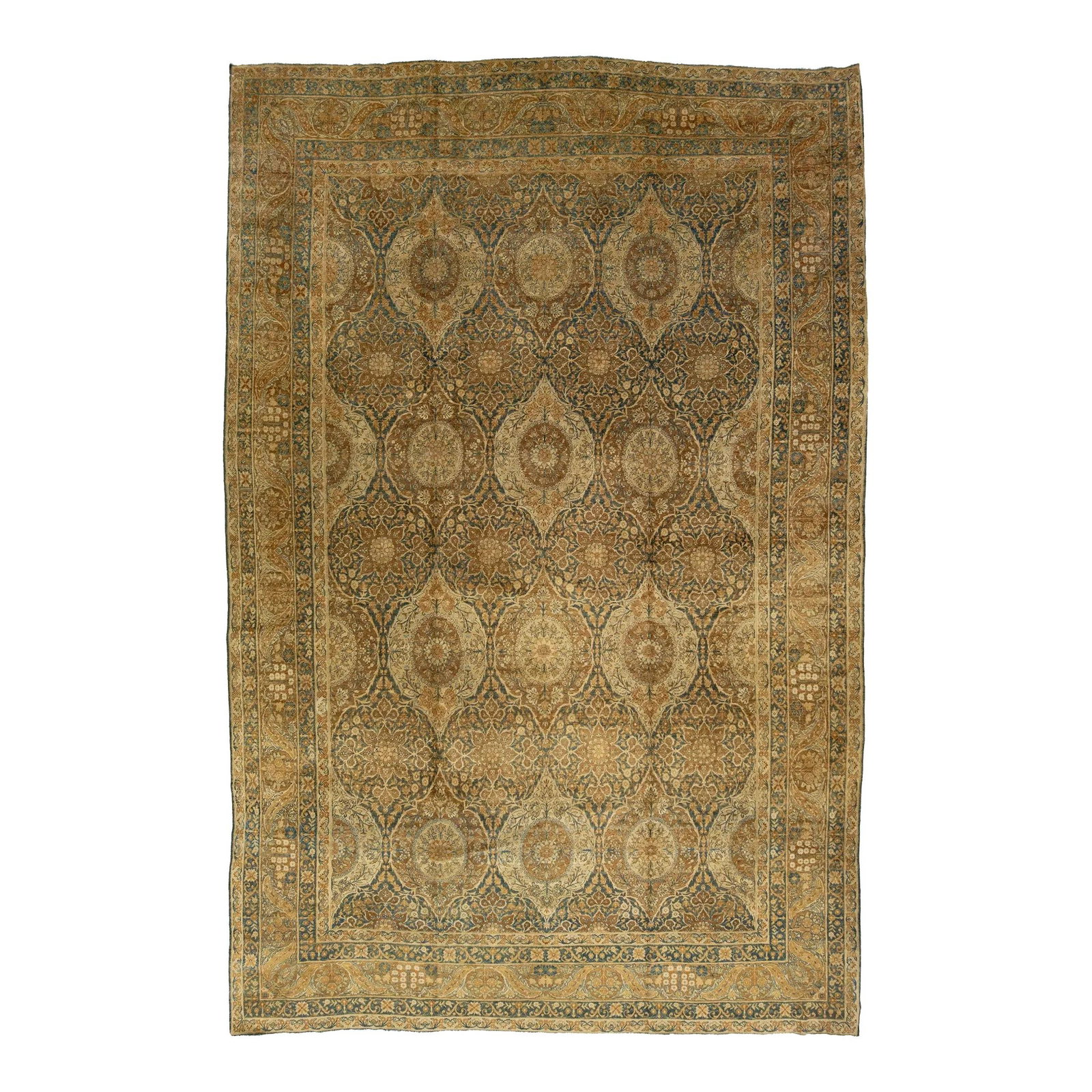 Antique Kerman Persian Wool Rug 10'2 x 15'8 Blue Handmade 1880s: Antique Kerman Persian Wool Rug 10'2 x 15'8 Blue Handmade 1880s Introduce elegance to your space with this stunning handmade blue antique Kerman Persian wool rug, dating back to the 1880s. This exquis