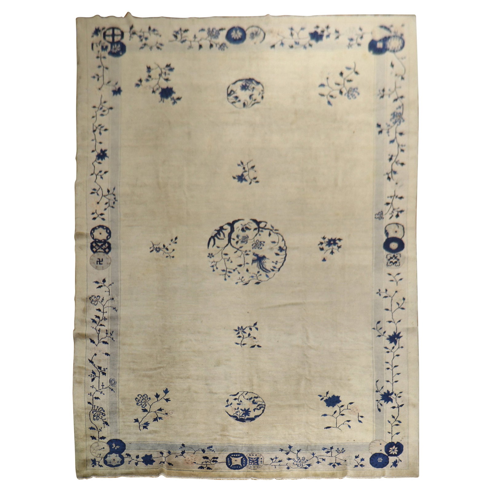 Mid-Century Modern Chinese Peking Rug Beige Gray Blue 9'3" x 14'3" Hand-Woven Wool (1 of 11)