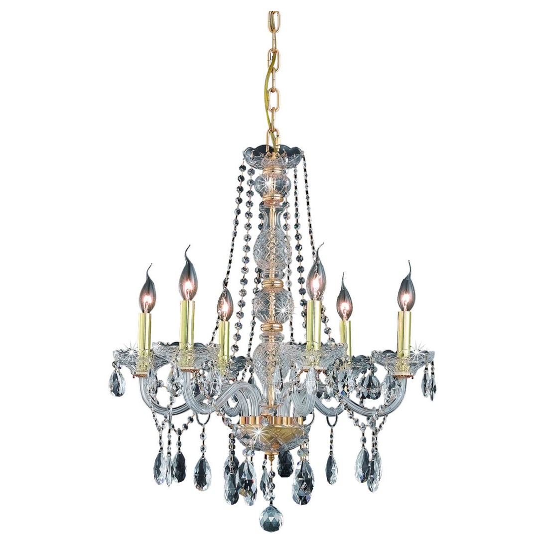 Verona 6-Light Crystal and Gold Chandelier 24 Inch Venetian Inspired Ceiling Fixture: Verona 6-Light Crystal and Gold Chandelier 24 Inch Venetian Inspired Ceiling Fixture This pre-owned Venetian style chandelier features six lights and showcases elegant clear and gold tear drop crystal
