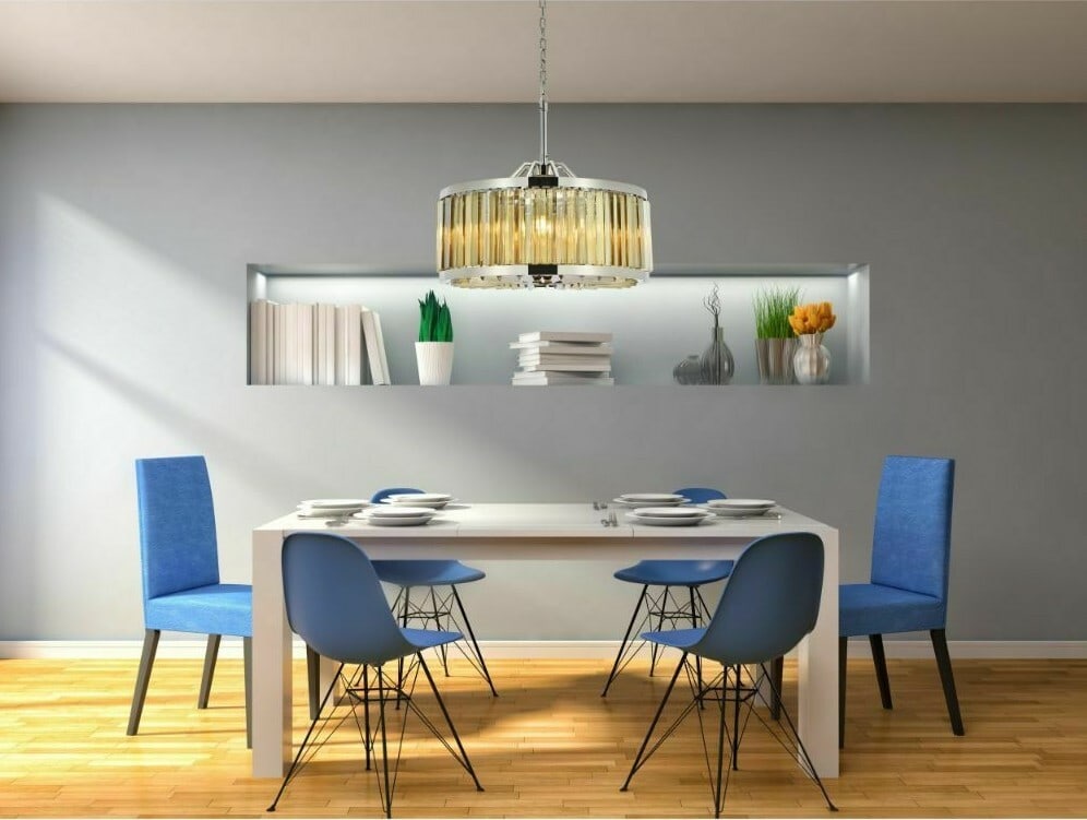 Chelsea 8-Light Crystal Chandelier Polished Nickel 28 Inch: Chelsea 8-Light Crystal Chandelier Polished Nickel 28 Inch This modern chandelier features a polished nickel frame adorned with high-quality golden teak crystals, offering a contemporary look suitable
