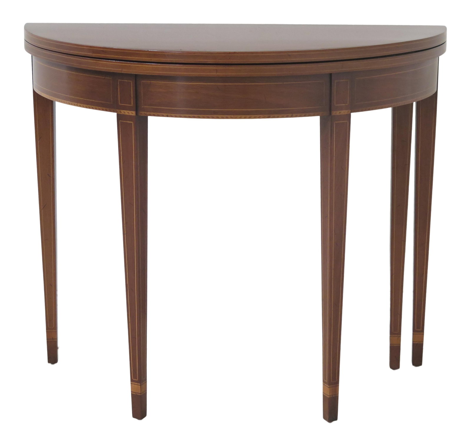 1970s Kittinger-Biggs Inlaid Mahogany 1/2 Round Accent Table: 1970s Kittinger-Biggs Inlaid Mahogany 1/2 Round Accent Table This exquisite 1970s Federal Kittinger-Biggs inlaid mahogany 1/2 round table is a stunning addition to any home. Crafted from high-quality 