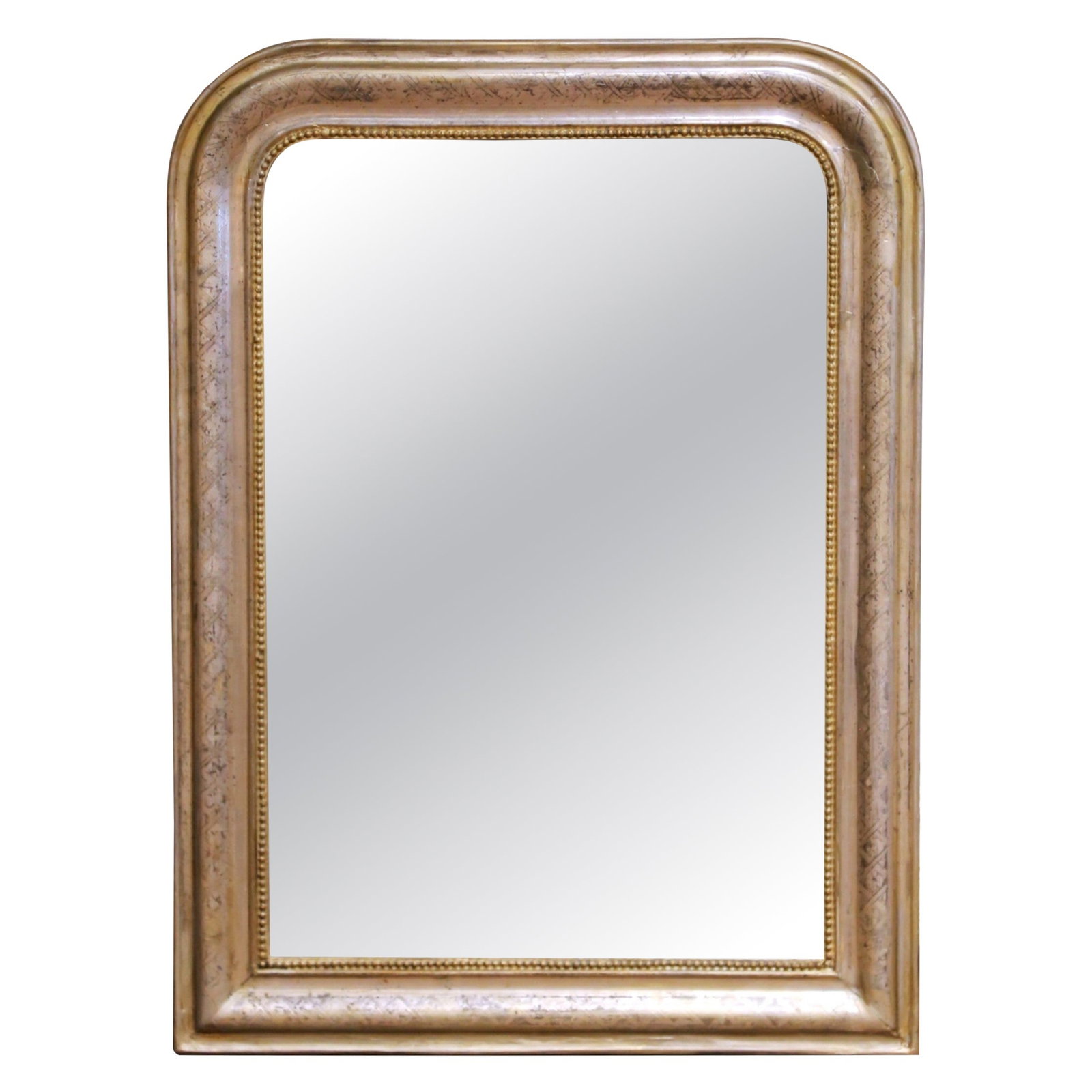Louis Philippe French Silver Leaf Mirror with Engraved Crosshatch Motif Circa 1870: Louis Philippe French Silver Leaf Mirror with Engraved Crosshatch Motif Circa 1870 This 19th-century French Louis Philippe wall mirror, crafted circa 1870, features a classic rounded rectangular form.